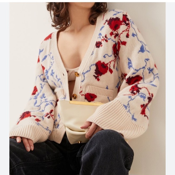 Khaite Lucy Floral Knit Cashmere Cardigan Sweater - Cream Red and Blue